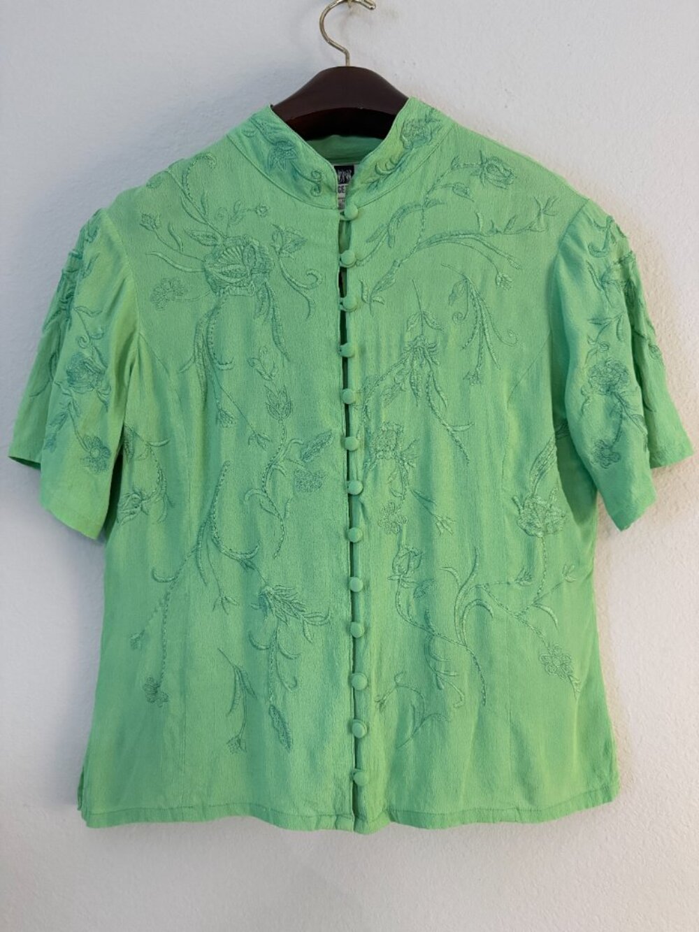 PRICE FIRM Vintage 90s Together Green Asian Style Embroidered Short Sleeve - Picture 3 of 11